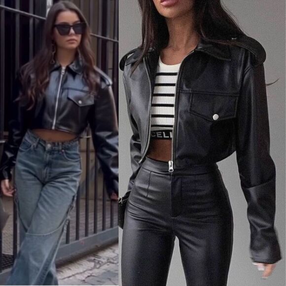 Zara Women's Size L Black Faux Leather Cropped NEW Jacket Boxy Blogger Moto Punk - Picture 4 of 17